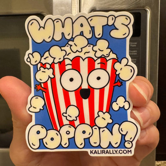 Sticker with a popcorn character and text 'What's Poppin?' held in front of a microwave, by Kalirally