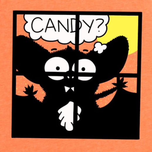 A close up of our cute bat longing for candy t-shirt on heather orange