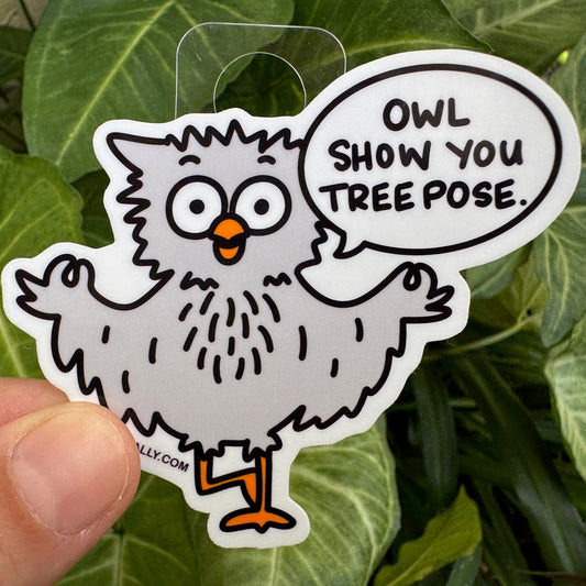 Cute Yoga Sticker with cartoon owl in tree pose, yoga decal by Kalirally.
