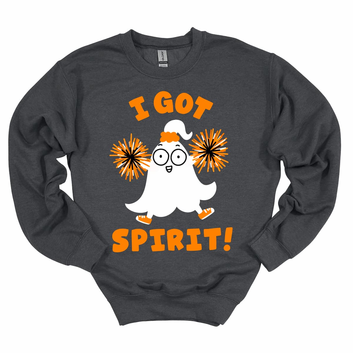 Dark grey sweatshirt featuring cheerful ghost cheerleader and “I Got Spirit!” phrase — cozy Halloween sweatshirt by Kalirally