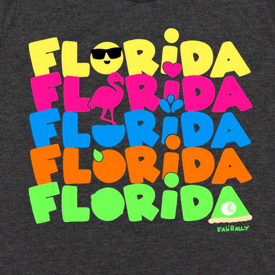 Close up of the Florida graphic shirt featuring “Florida” five times in playful fonts with sun, flamingo, water, orange, and key lime pie, on heather Grey Kalirally
