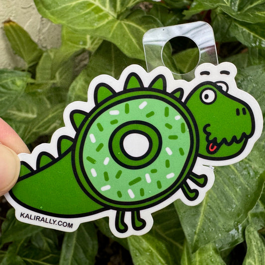 Dinosaur donut vinyl sticker, fun dessert dinosaur decal for water bottles and laptops by Kalirally