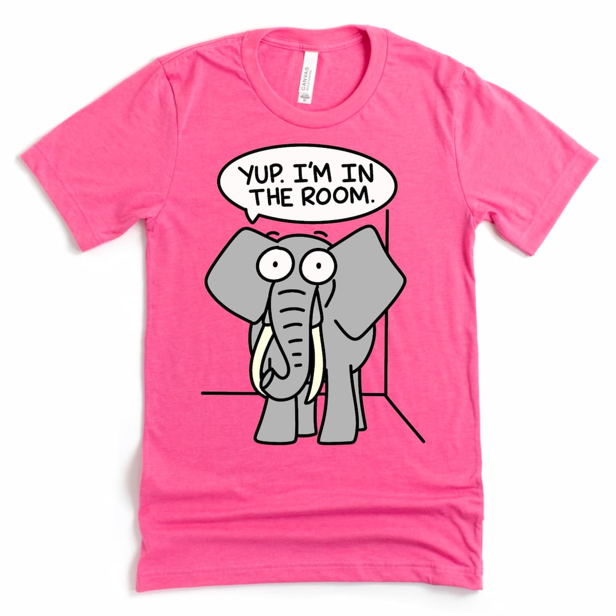 Elephant in the Room Shirt in Heather Charity Pink with witty elephant in a room design, by Kalirally