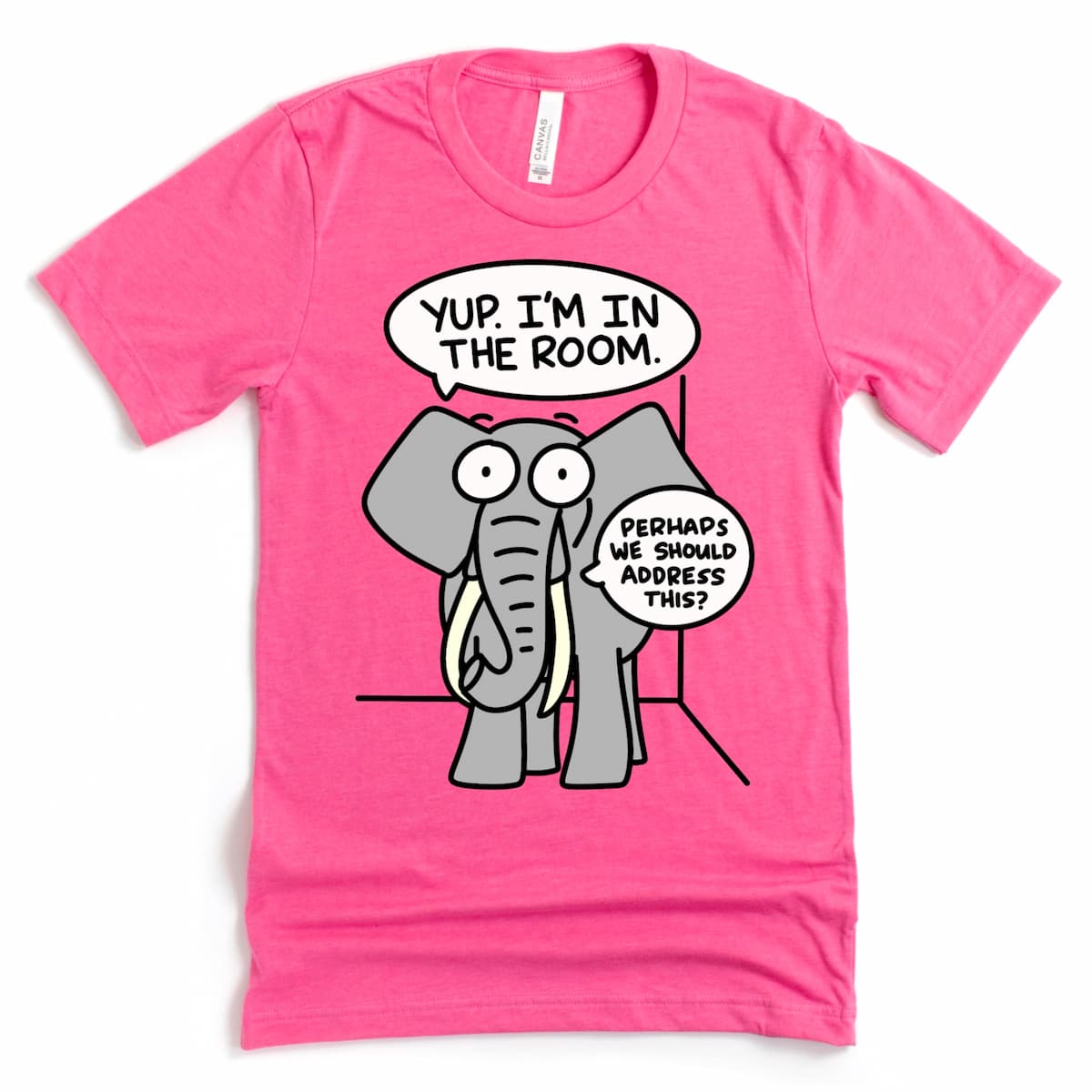 Elephant in the Room Shirt in Heather Charity Pink with witty elephant in a room design, by Kalirally