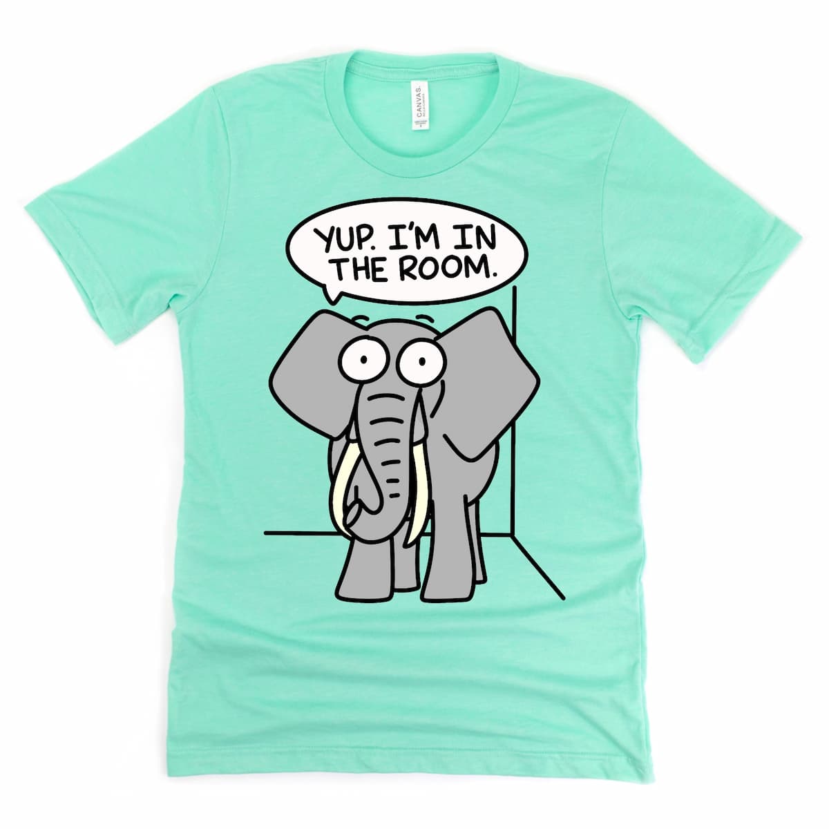 Elephant in the Room Shirt in Heather Mint Green featuring large elephant design with funny phrase, by Kalirally