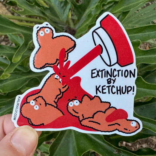 Glossy vinyl water bottle sticker by Kalirally featuring “Extinction by Ketchup!” with a dinosaur nugget theme, perfect for laptops, bottles, notebooks, and gifts.