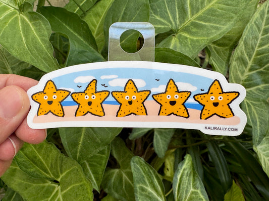 Five cartoon starfish in a row, mimicking a 5-star review — cute vinyl sticker for beach lovers and summer souvenirs, by Kalirally