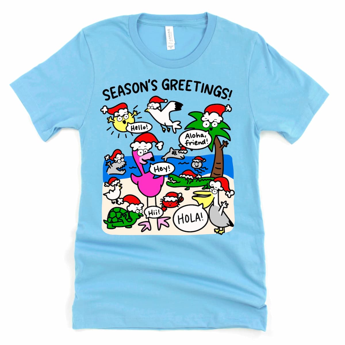 Florida Beach Christmas Shirt in Ocean Blue with cartoon Santa, palm tree, sun, and Florida critters saying “Season’s Greetings!”, by Kalirally