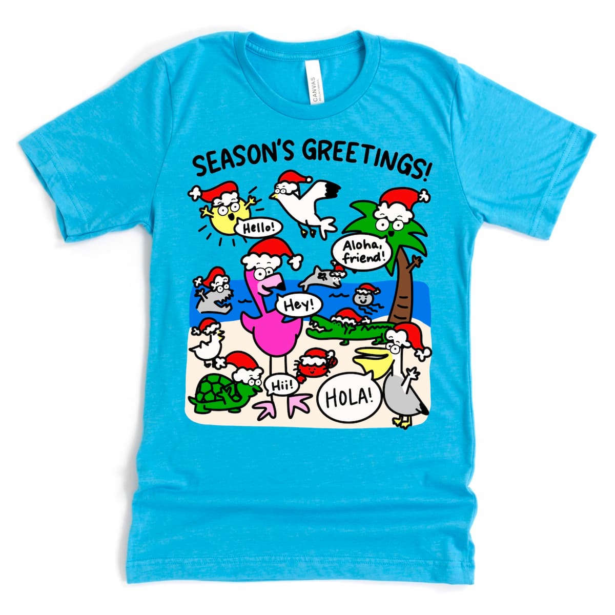 Florida Beach Christmas Tee in Heather Aqua with cartoon Santa, palm tree, sun, and local critters saying “Season’s Greetings!”, by Kalirally