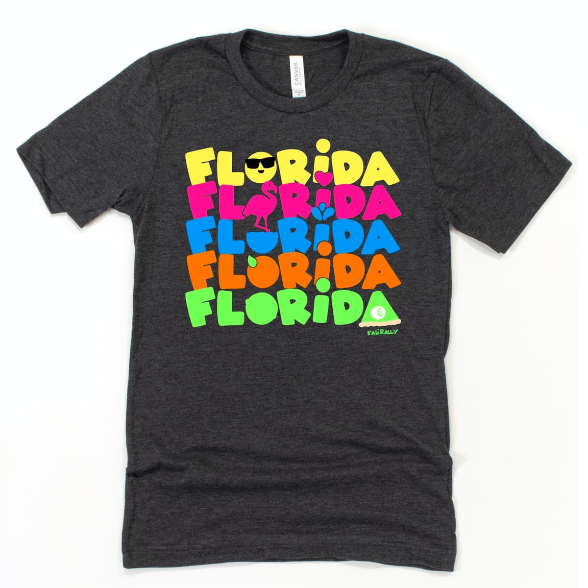 Florida graphic shirt featuring “Florida” five times in playful fonts with sun, flamingo, water, orange, and key lime pie, water resistant and colorful Kalirally