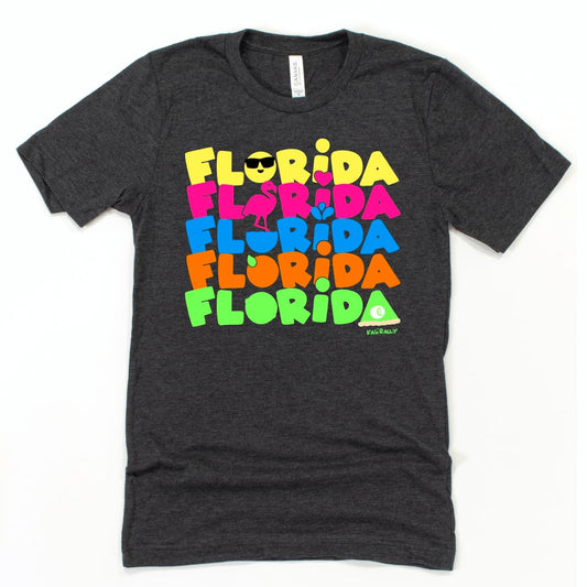 Florida graphic shirt featuring “Florida” five times in playful fonts with sun, flamingo, water, orange, and key lime pie, water resistant and colorful Kalirally