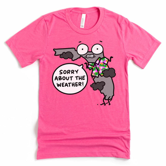 Funny Florida t-shirt with overcast skies and cartoon character, printed on Heather Charity Pink – Kalirally