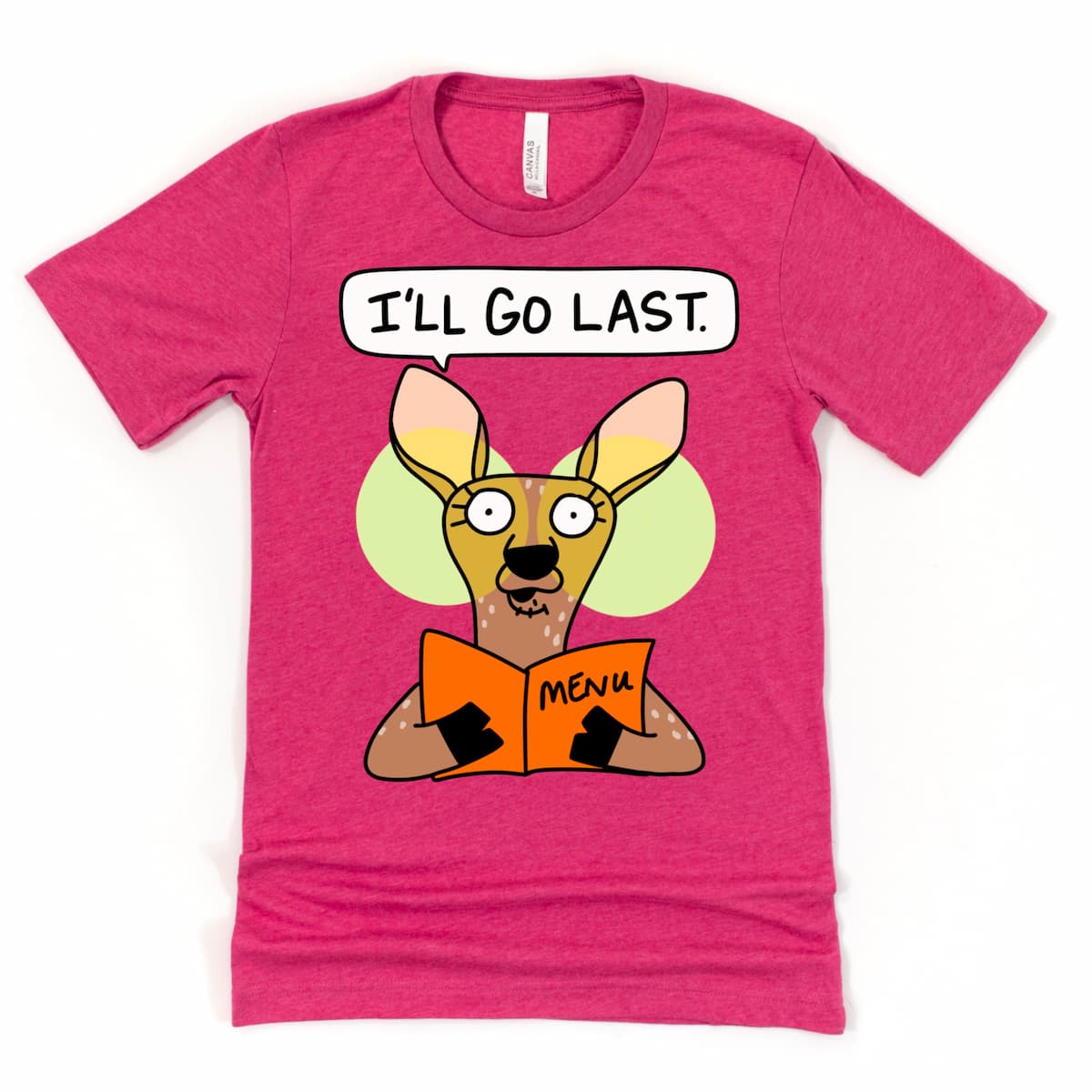Foodie Graphic Tee in Heather Raspberry showing cartoon deer with menu and deer-in-the-headlights look, by Kalirally