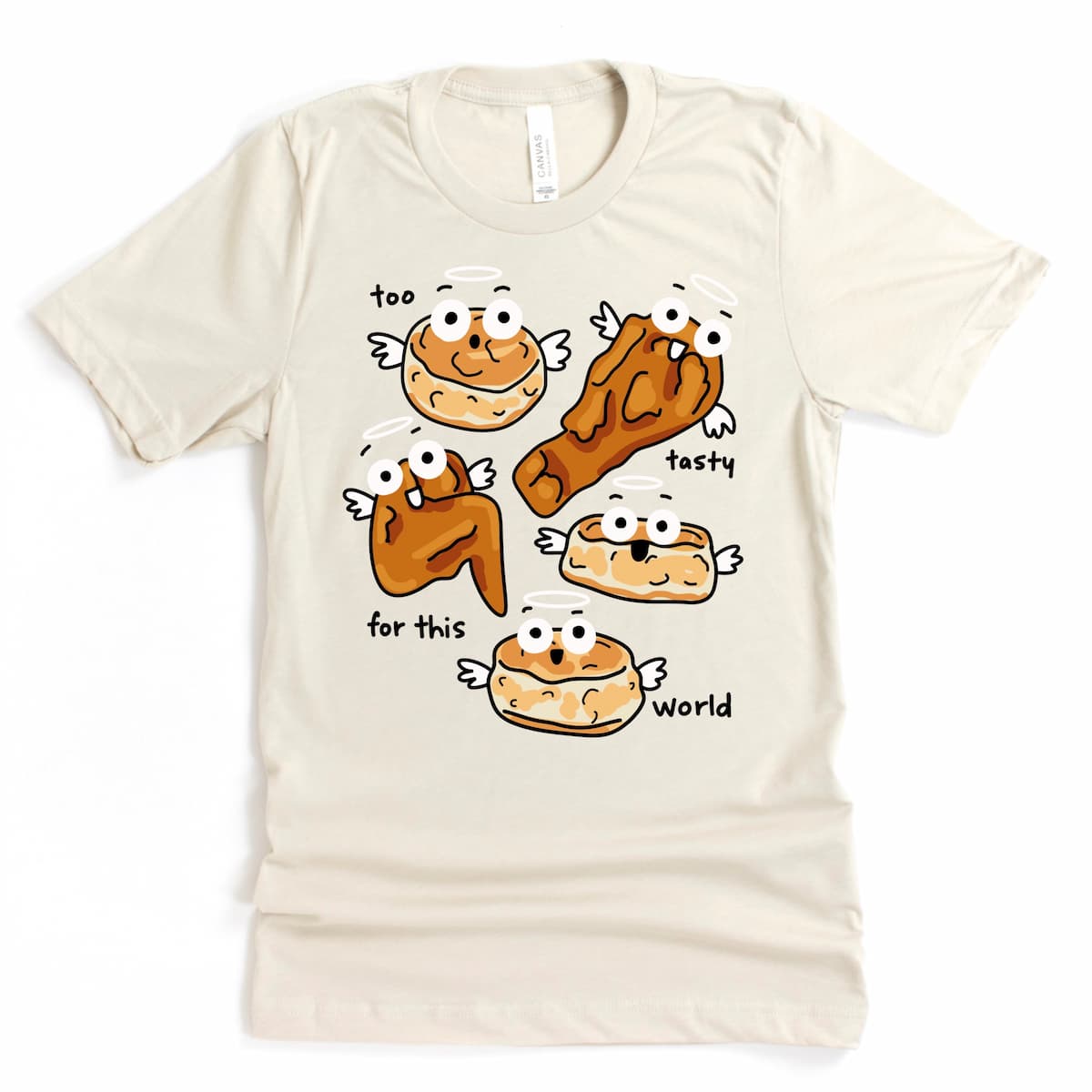 Heather Dust Fried Chicken and Biscuits Shirt with cute flying food characters and “Too Tasty for This World” text by Kalirally