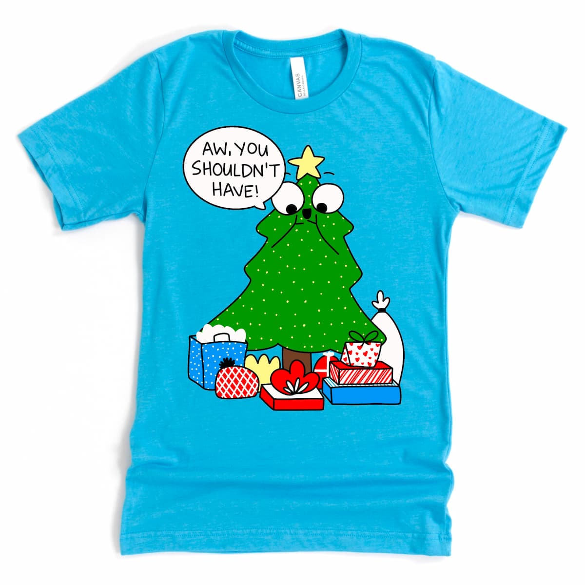 Heather Aqua Christmas Tree Shirt featuring cute cartoon tree and gifts, playful Christmas tee by Kalirally