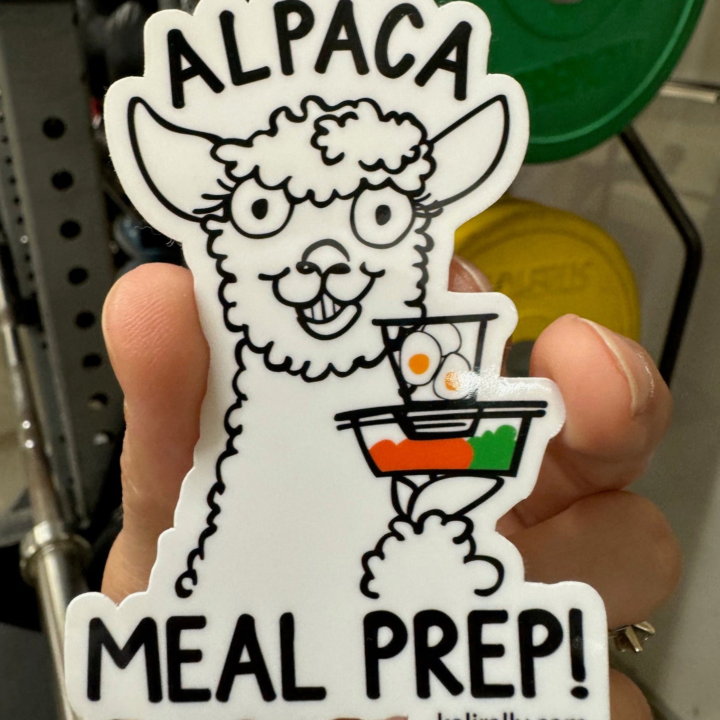 Funny alpaca meal prep sticker, fun fitness vinyl decal for gym water bottles, lunch boxes, and laptops by Kalirally.