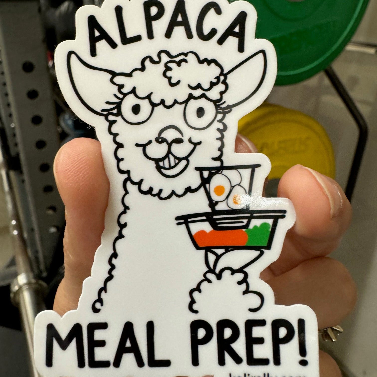 Funny alpaca meal prep sticker, fun fitness vinyl decal for gym water bottles, lunch boxes, and laptops by Kalirally.