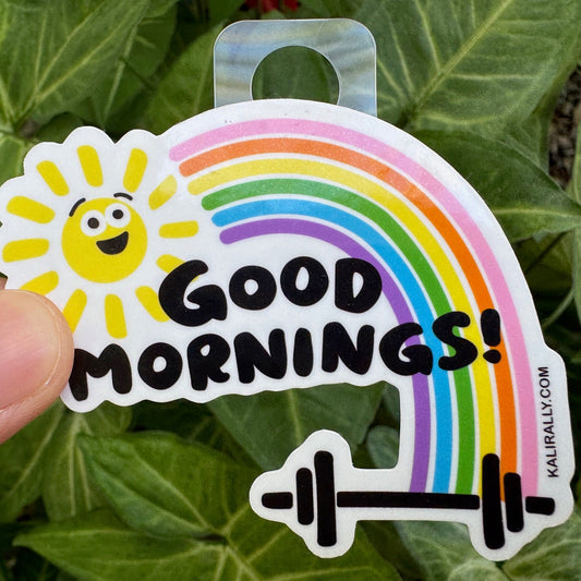 Cartoon rainbow weightlifting a barbell with the phrase “Good Mornings!” Funny gym sticker, by Kalirally