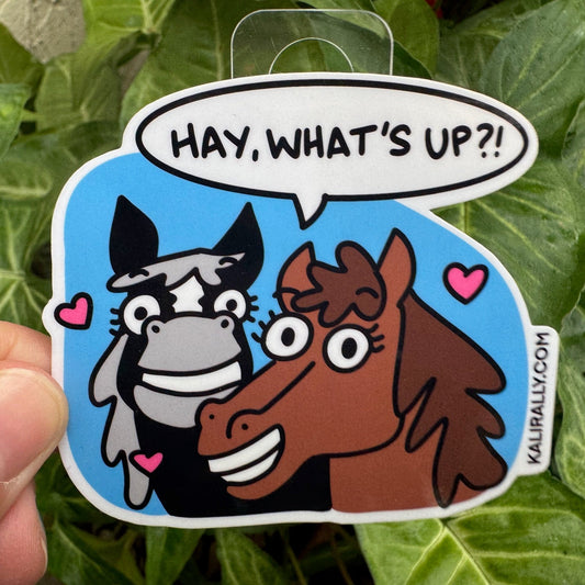 Cartoon horse sticker with the pun “Hay, what’s up?” funny horse decal for equestrians and animal lovers