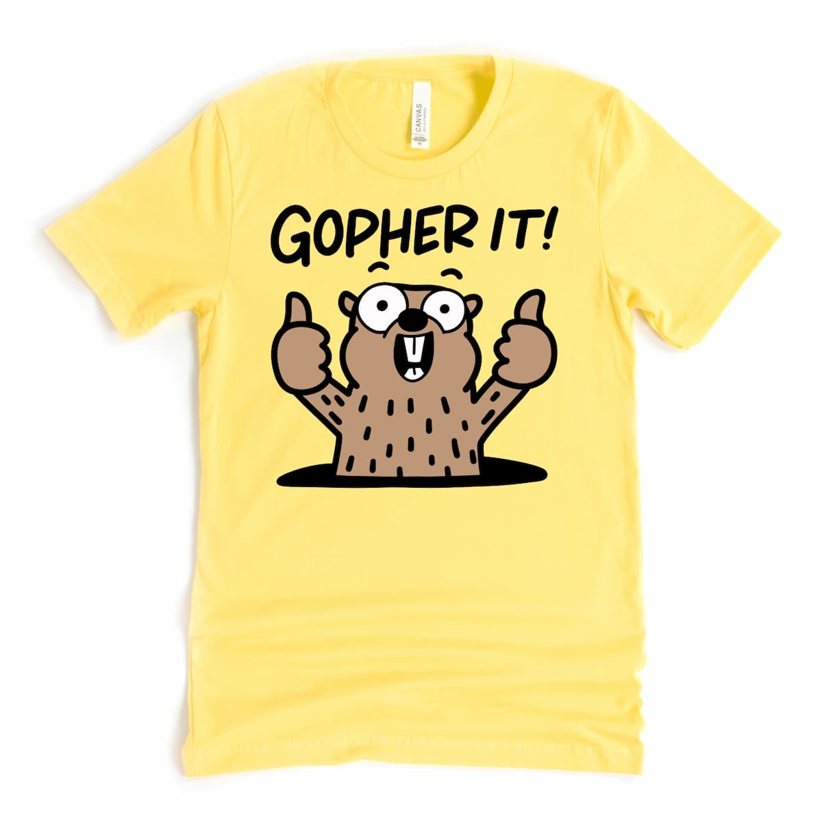 Bright yellow fun novelty t shirt with “Gopher It!” design by Kalirally