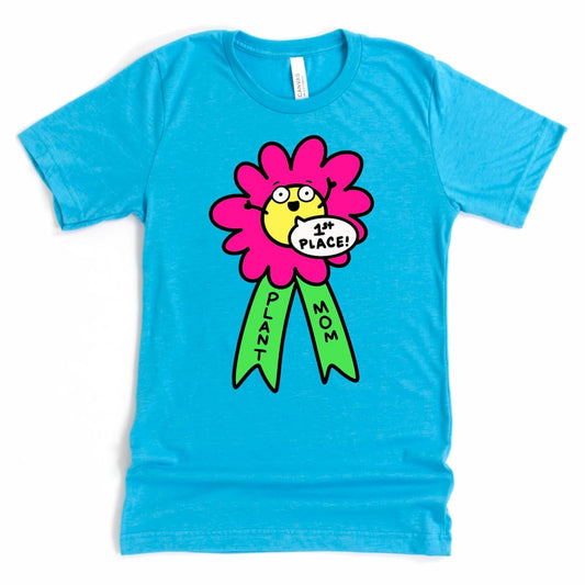 Heather Aqua Fun Plant Mom shirt featuring cartoon first place flower ribbon with “1st Place” and “Plant Mom” text, by Kalirally