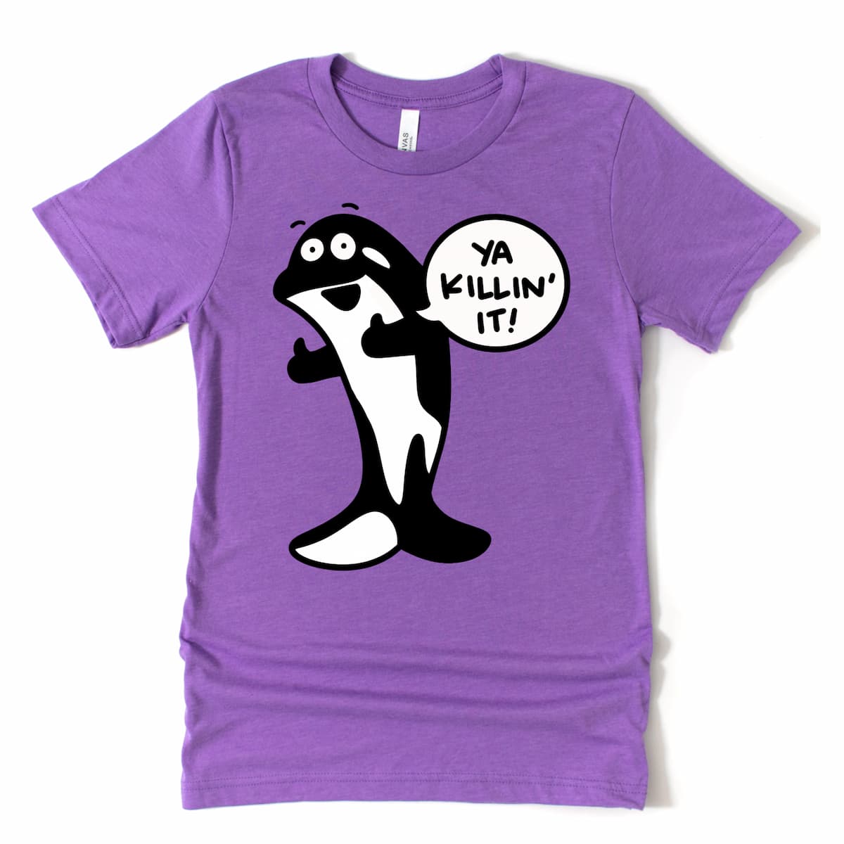 An Orca giving two thumbs up in this Heather Purple Killer Whale tee that says, "Ya Killin it!" A motivational tshirt by Kalirally.