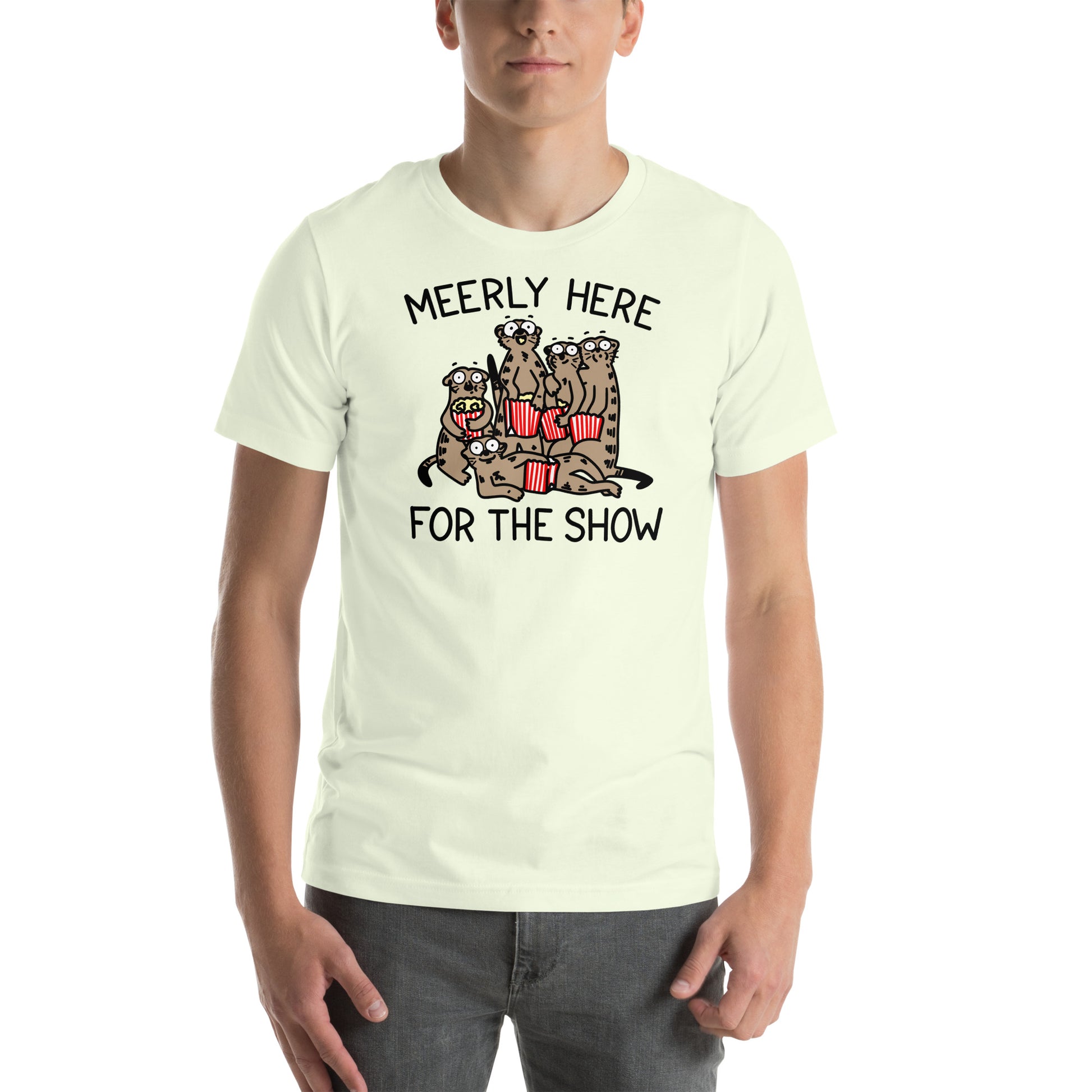 Unleash your inner animal lover with our Meerly Here for the Show t-shirt! Featuring a mob of meerkats with popcorn in hand, this meme shirt is perfect for teachers, nurses, and anyone who loves a good drama. Universally relatable and sure to make a statement, this shirt is a must-have for your wardrobe!