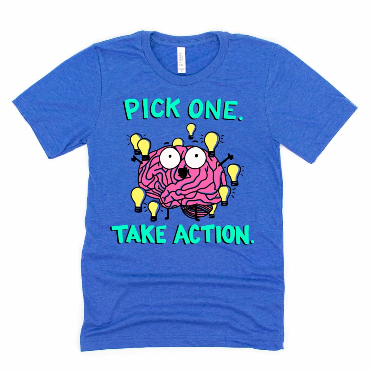 Funny ADHD Shirt in Heather Royal Blue with cartoon brain looking at lightbulbs and motivational phrase “Pick one, take action,” by Kalirally