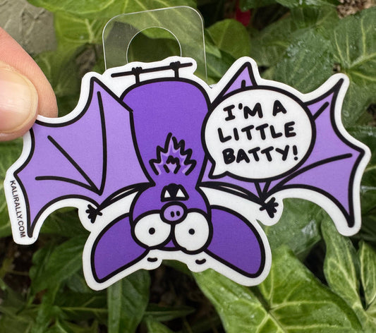Vinyl Funny Bat Sticker – “I’m a little batty!” cartoon Halloween decal by Kalirally.