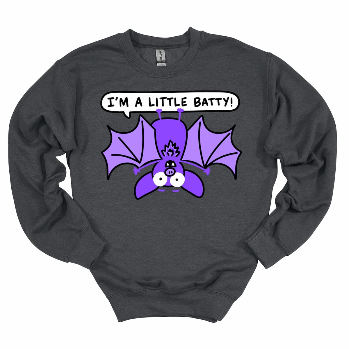 Dark Grey “I’m a Little Batty!” Funny Bat Halloween Sweatshirt, soft women’s crewneck for fall festivals and trick-or-treat – by Kalirally