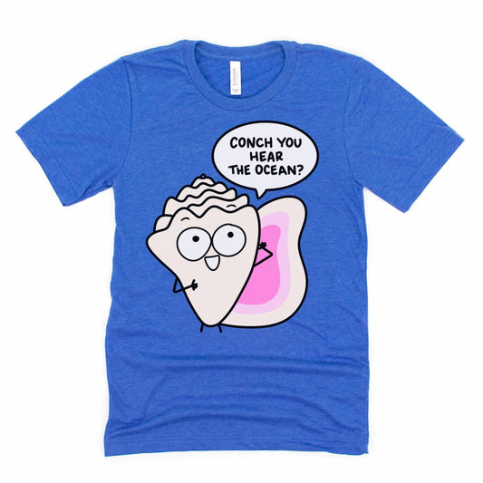 Humorous beach graphic tee with cartoon conch shell and pun phrase, shown in Heather True Royal Blue by Kalirally