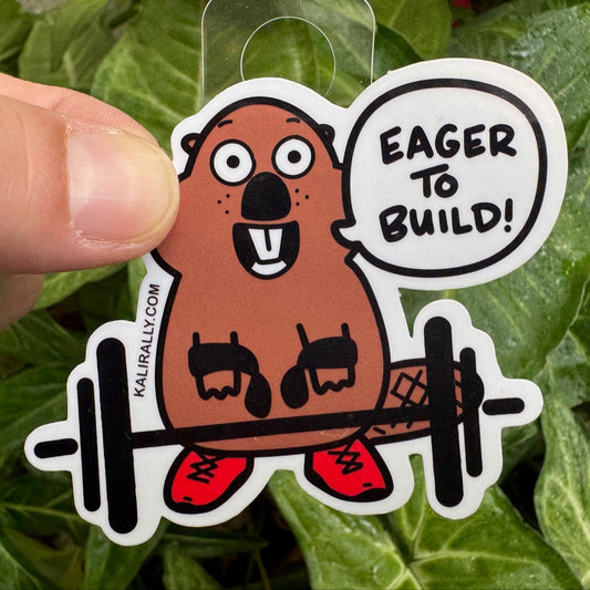 Funny bodybuilding sticker with cartoon beaver lifting weights, motivational gym decal for water bottles and laptops by Kalirally