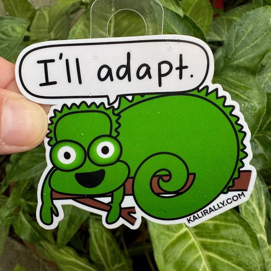 Cartoon chameleon sticker with phrase “I’ll Adapt!” funny biology decal by Kalirally