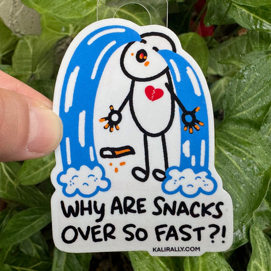 Cartoon cheese curls sticker with text “Why are snacks over so fast?!” — funny junk food decal for laptops, water bottles, and lunch boxes by Kalirally.