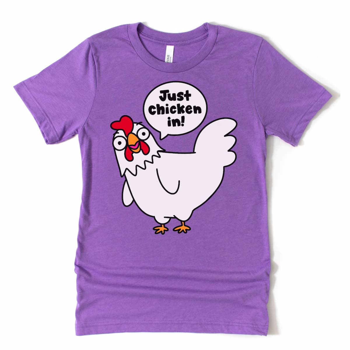 Team purple farm chicken shirt with punny design – Just Chicken In graphic from Kalirally