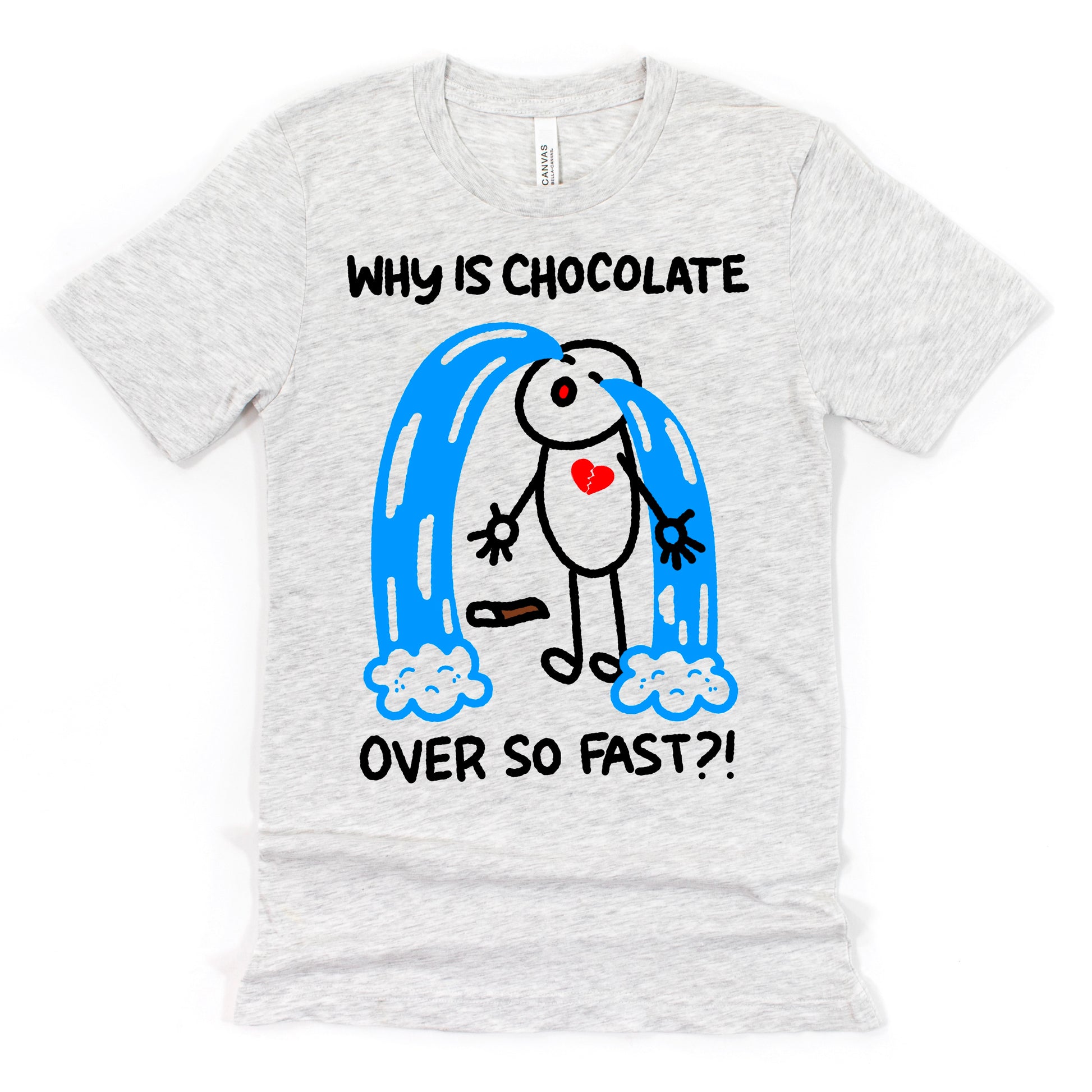 Funny Chocolate Shirt in Athletic Grey featuring cartoon chocolate bar with smiley face, perfect for dessert fans and chocoholics, by Kalirally
