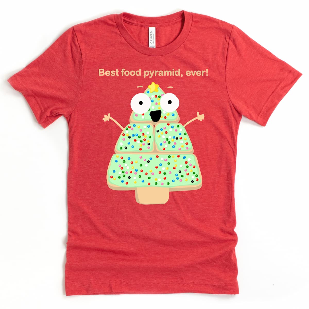 Heather Red Christmas Cookie Shirt featuring frosted cookie character and humorous food pyramid design by Kalirally