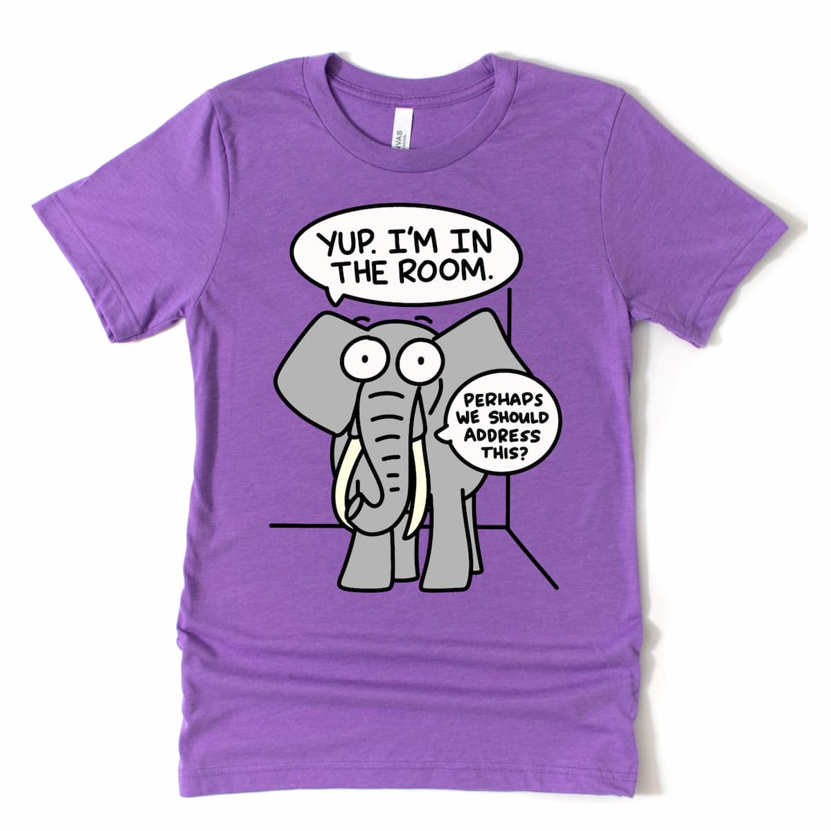 Funny Elephant in the Room Shirt in Heather Purple with large cartoon elephant and witty phrase, by Kalirally
