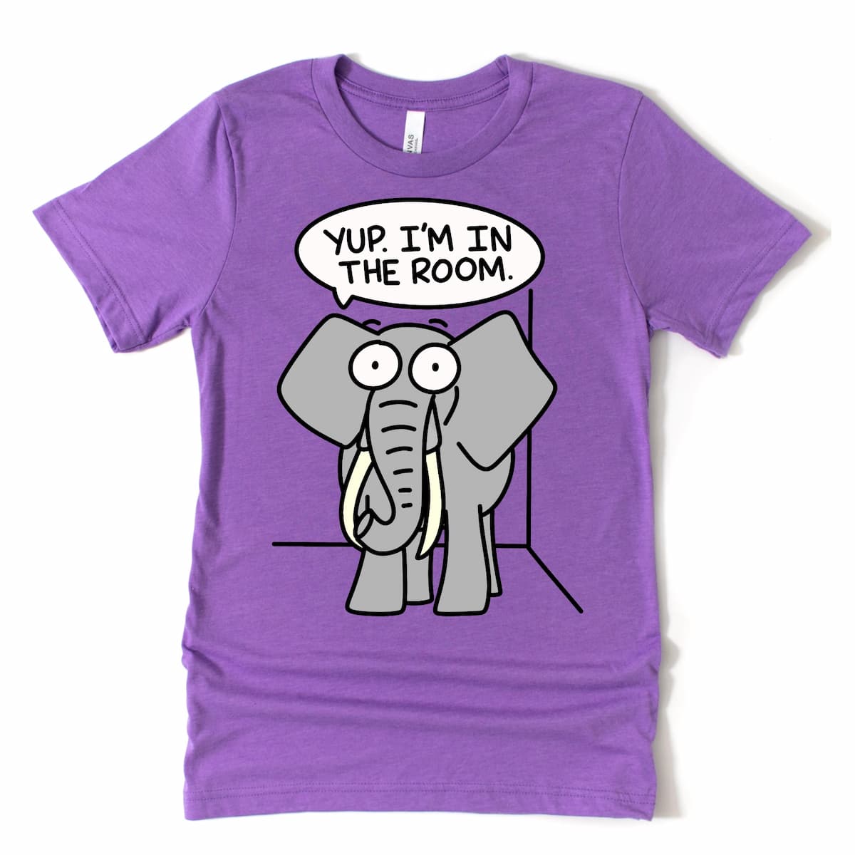 Funny Elephant in the Room Shirt in Heather Purple with large cartoon elephant and witty phrase, by Kalirally