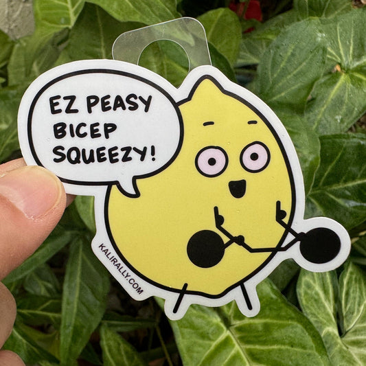 Funny fruit gym sticker with cartoon lemon lifting weights – EZ Peazy Bicep Squeezy decal for water bottles and laptops by Kalirally