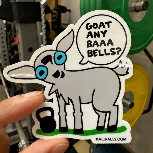 Cute 3x3" glossy vinyl sticker of a cute goat next to a kettle bell but asking for a baaabell - "Goat any baaabells?" , by Kalirally
