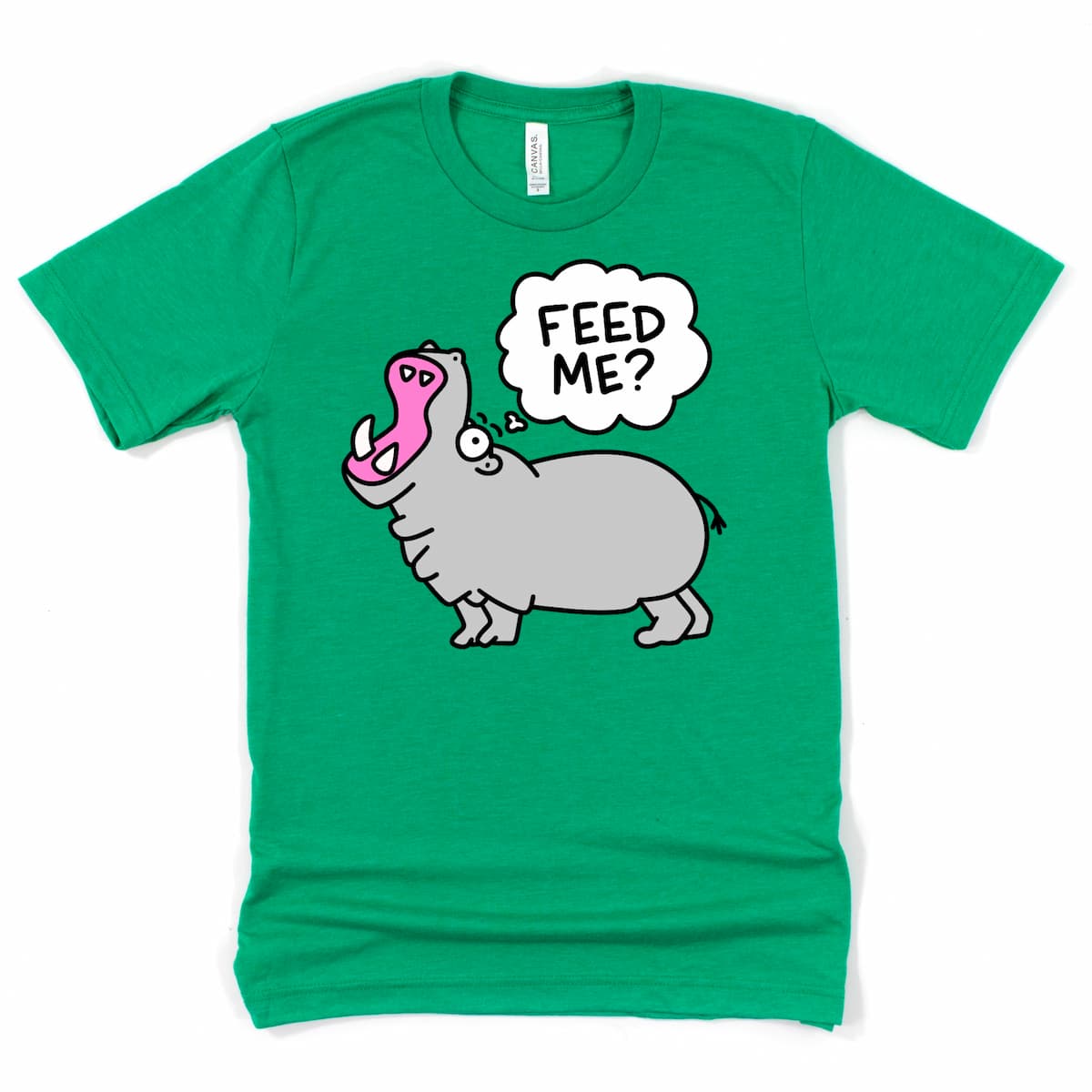 Funny Hungry Hippo Shirt in Heather Kelly Green with cartoon hippo and “Feed Me?” design, foodie graphic tee by Kalirally