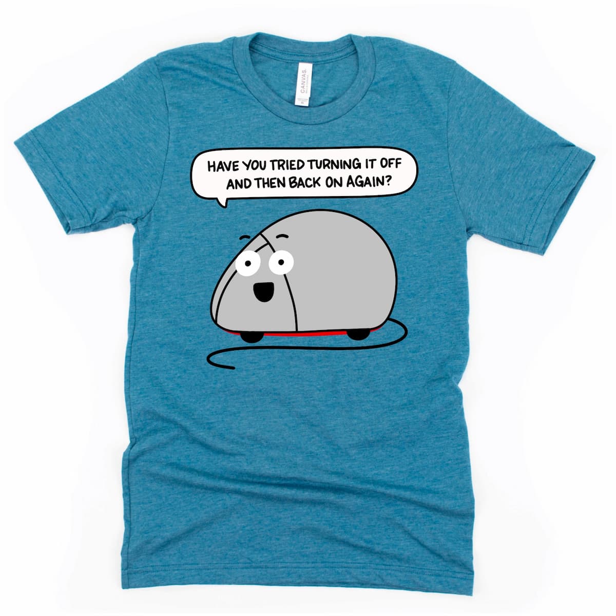 Funny IT Shirt in Heather Deep Teal with computer mouse and troubleshooting joke by Kalirally