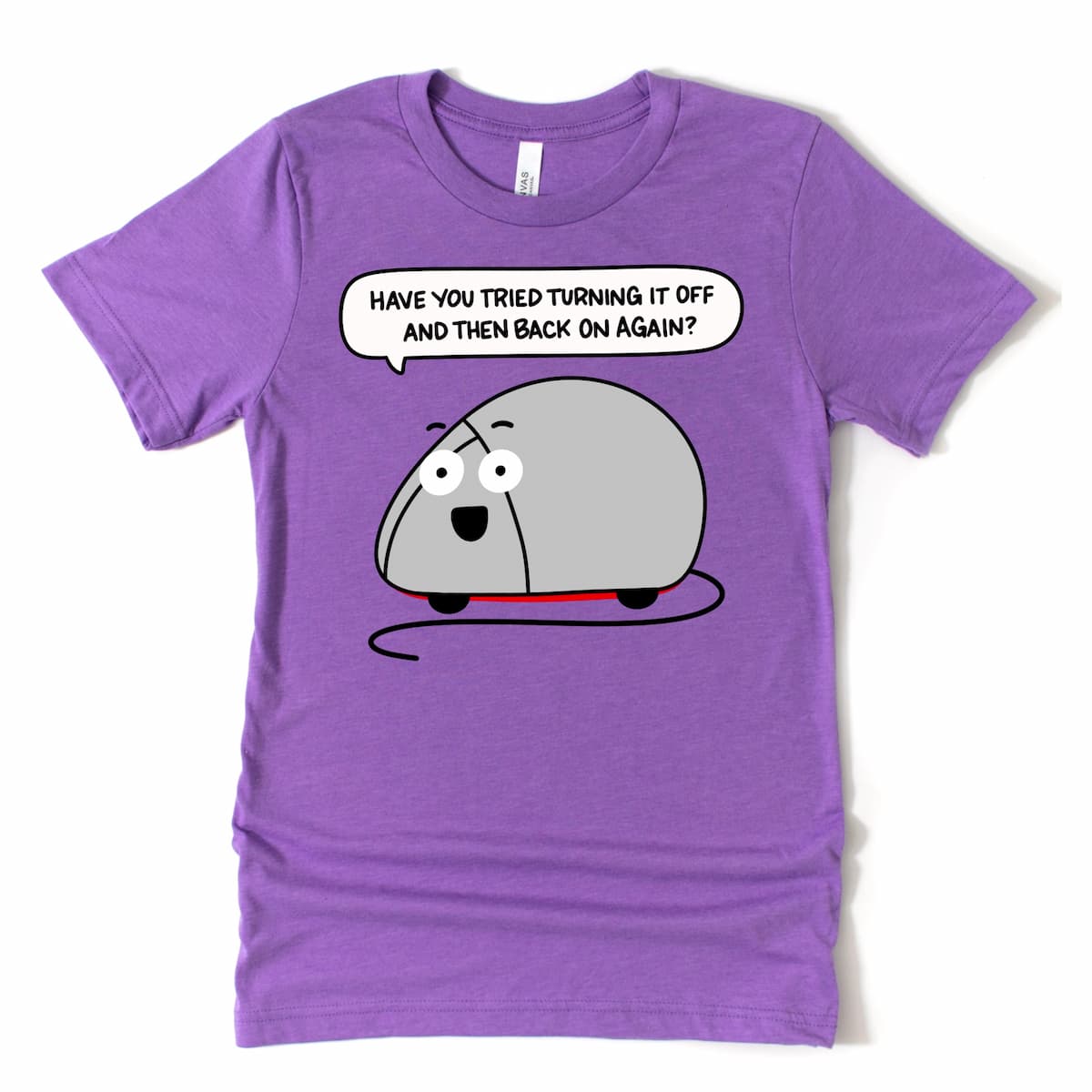 Funny IT Shirt in Heather Purple with cartoon mouse and IT support joke by Kalirally