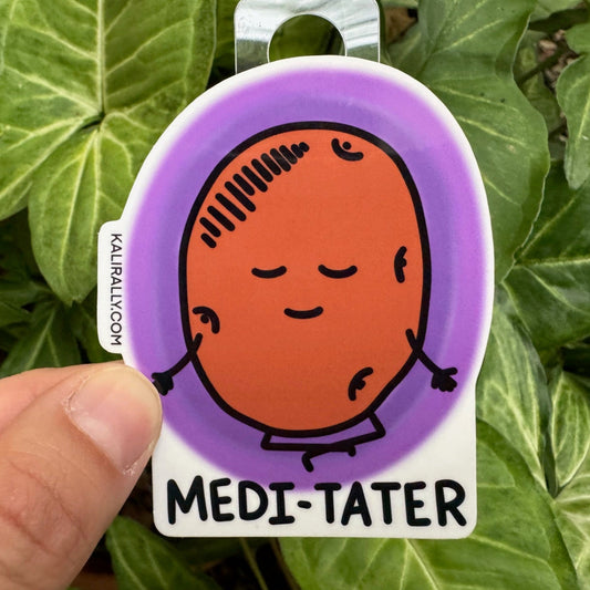 Vinyl Funny Meditation Sticker – cartoon potato “Medi-tater” decal by Kalirally.