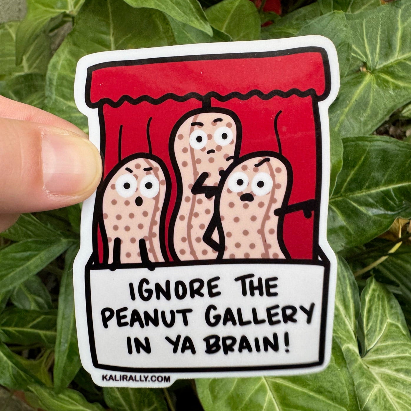 Playful water bottle sticker with cartoon peanut – “Ignore the peanut gallery in ya brain” decal for water bottles and laptops by Kalirally