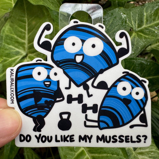 3x3" vinyl glossy sticker with mussels flexing their mussels and the expression, "Do you like my mussels?" - a funny beach or gym sticker, by Kalirally