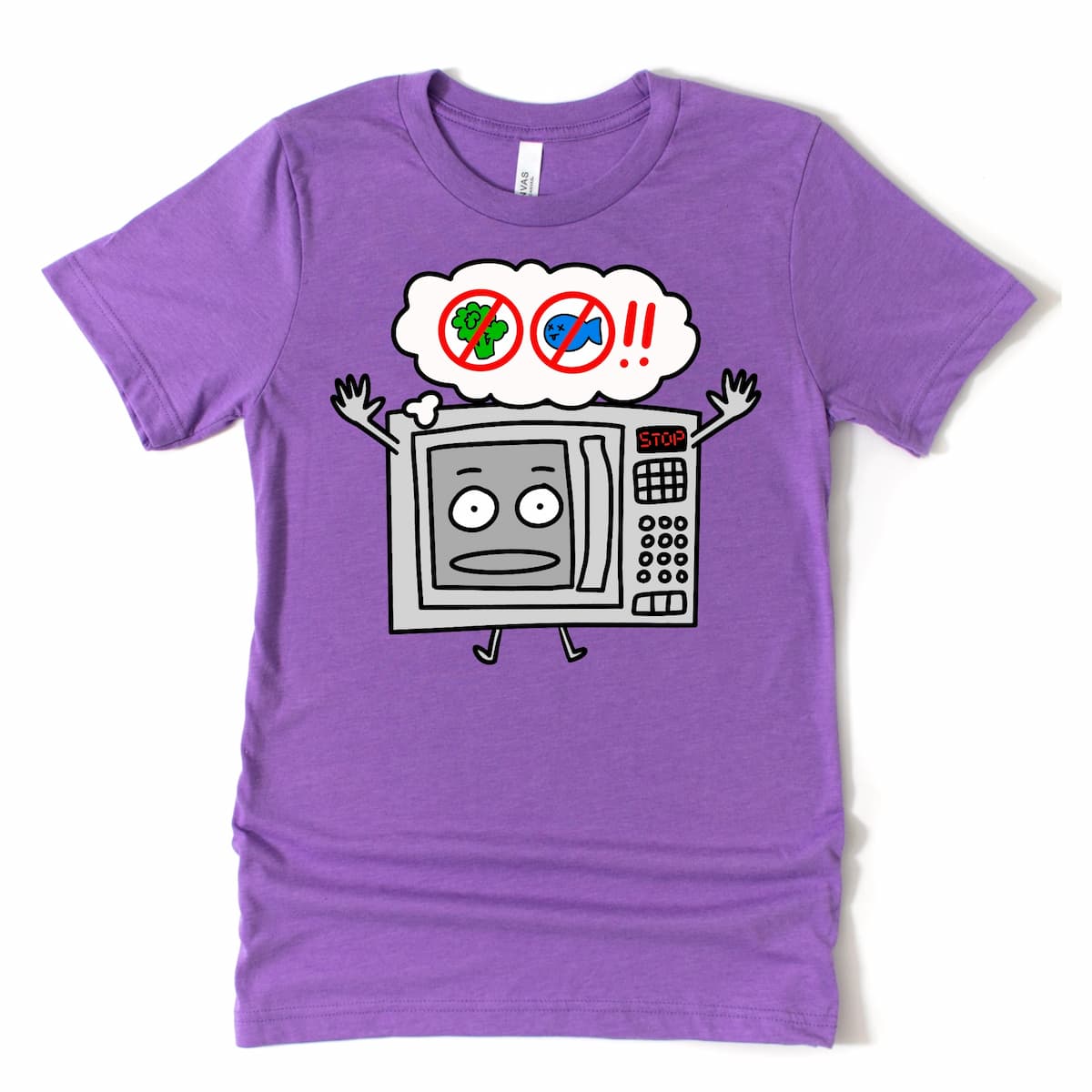 Funny t shirt for the office in Heather Purple – microwave etiquette design with no fish, no broccoli. Kalirally brand