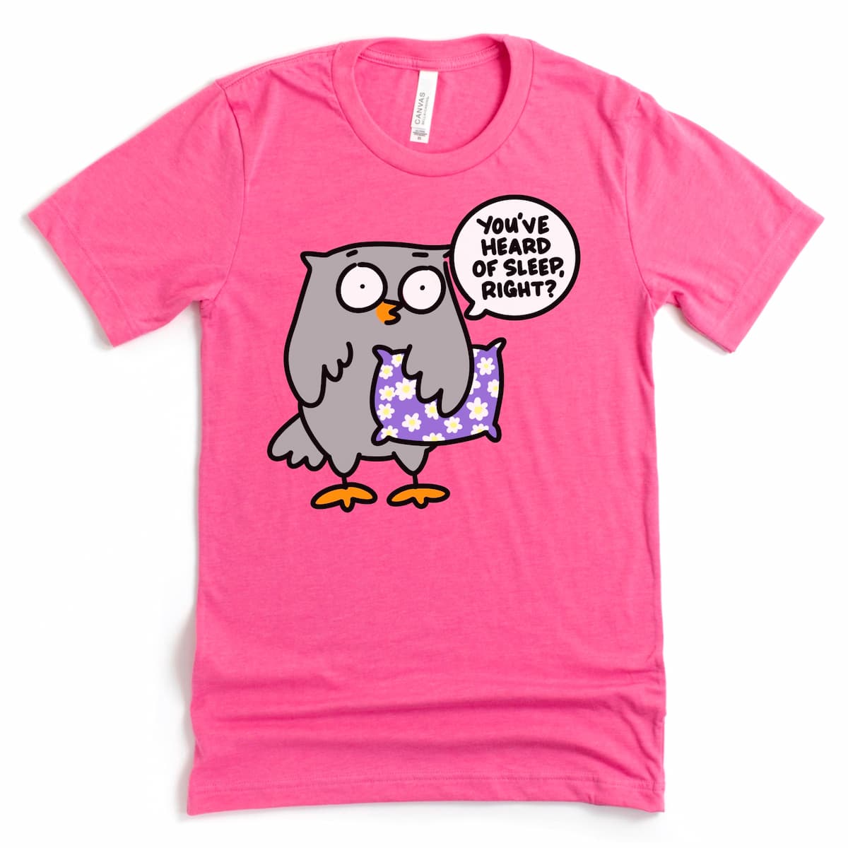 Heather Charity Pink Bedtime Shirt showing cartoon owl asking “You’ve Heard of Sleep, Right?” funny sleep tee by Kalirally