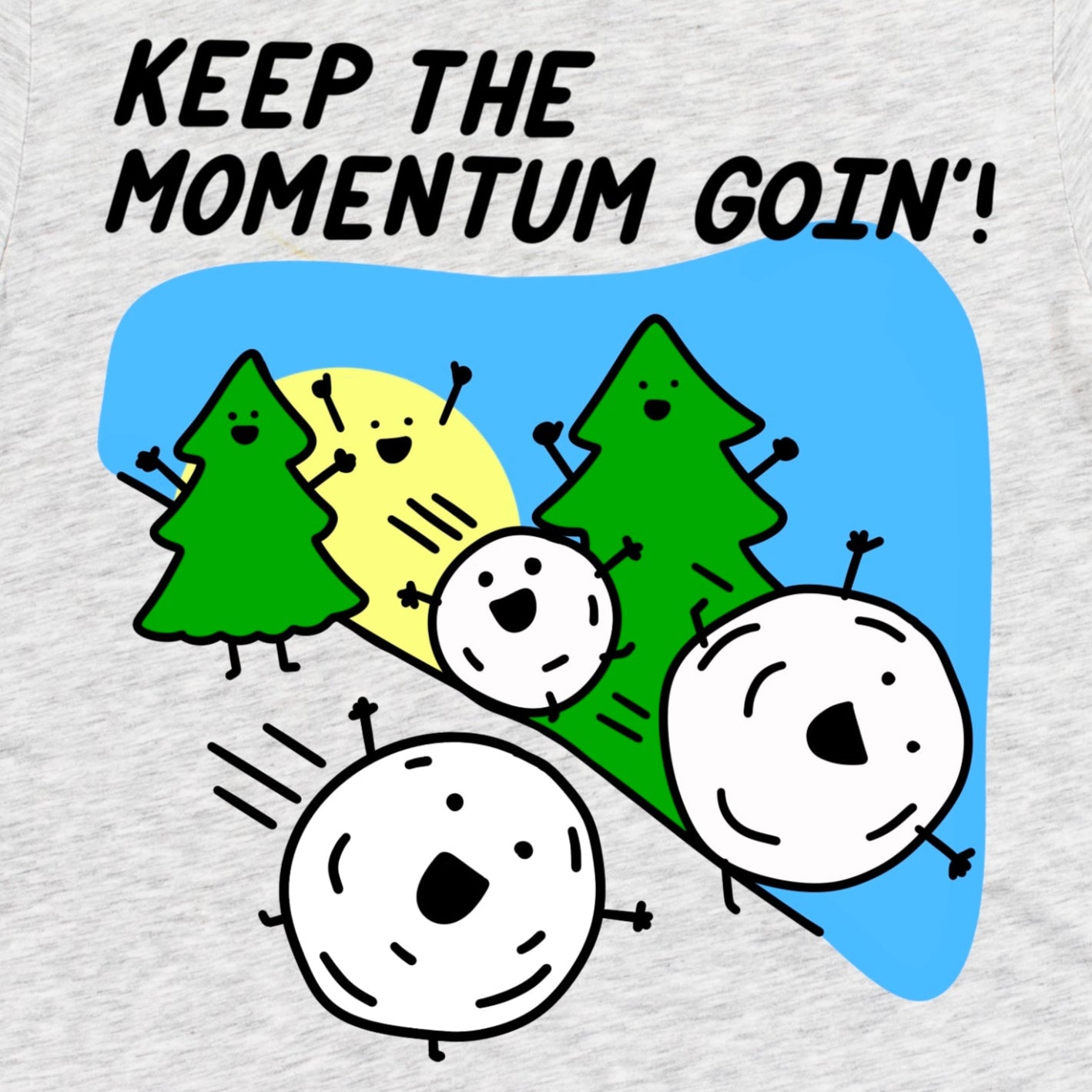 Gray t-shirt with cartoon characters and text 'Keep the Momentum Goin'' by Kalirally